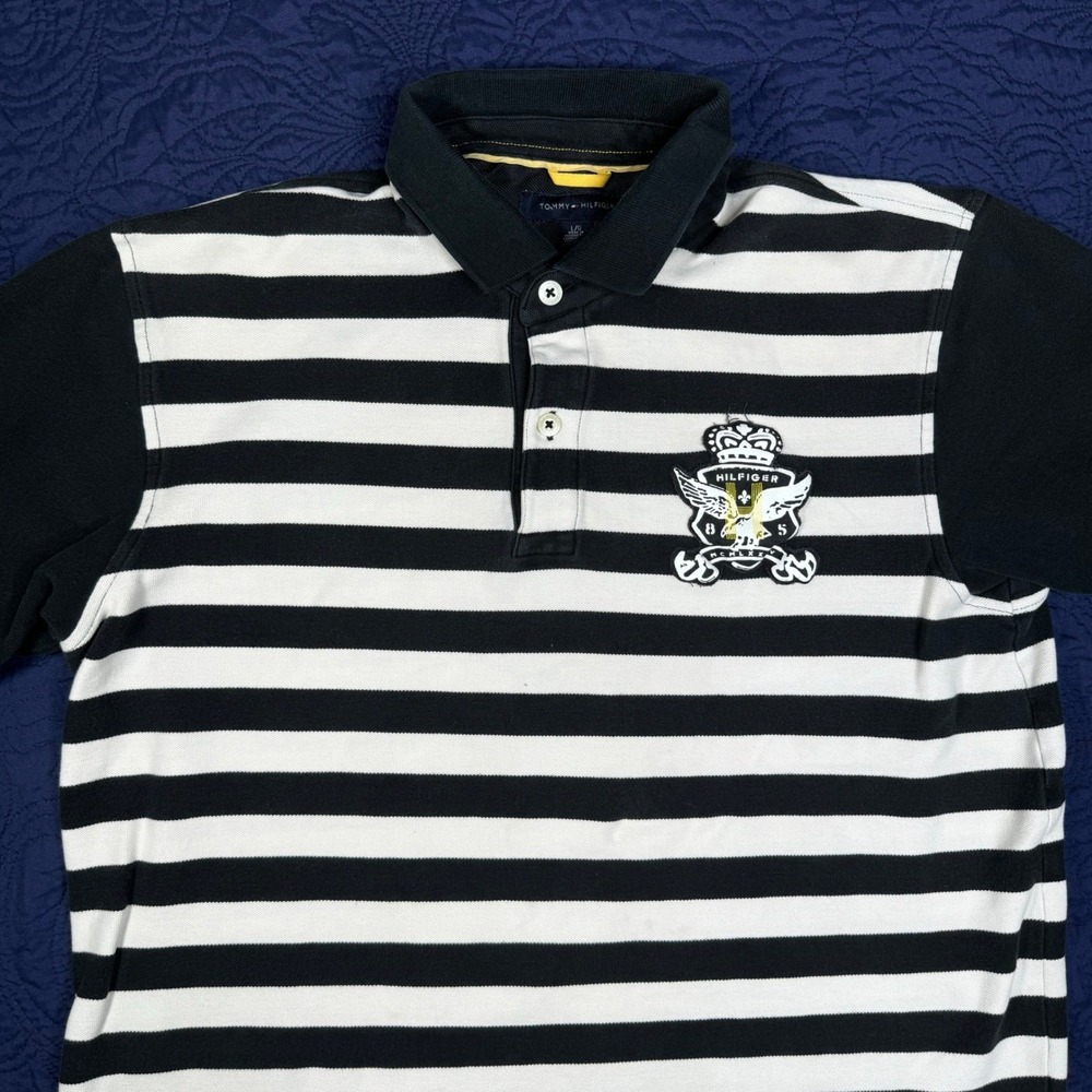 Tommy Hilfiger Black White Striped Anchor Crest Rugby Polo Shirt Mens Large Read
